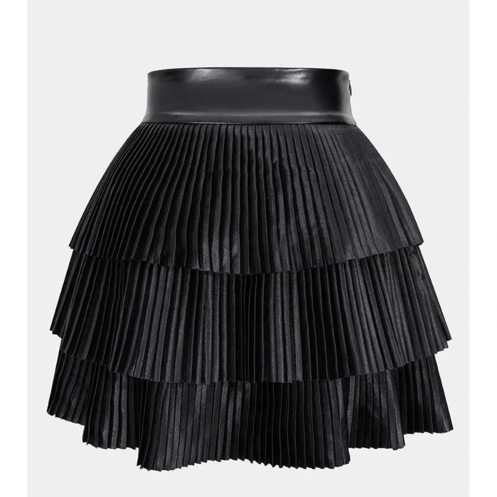 Micas Black Satin Finish Pleated Layered Mini Skirt XL Faux Leather Waistband